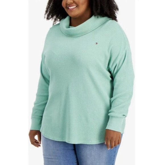 Tommy Hilfiger Sweaters - Tommy Hilfiger Cotton Waffle-Knit Turtleneck Top Green Size 3X